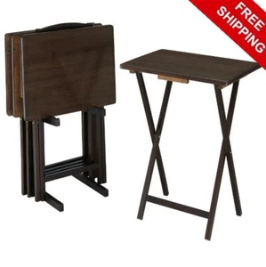Brand New Indoor Folding Table Set 4 Walnut, 4 Tables+1 Rack Stand Free Shipping - Picture 1 of 5