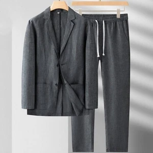 2 PC Men Linen Two Button Suit Thin Causal Blazer Pants Coat Beach Jacket Gift - Picture 1 of 17