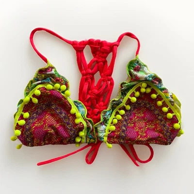 Top de bikini triángulo multicolor neón enjaulado espalda borla flecos festival rave S/M Foto 1 de 4