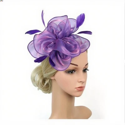 Diadema elástica plumas fascinador flor grande malla fiesta té dama Foto 1 de 4