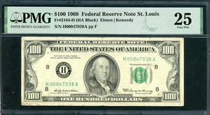 US FEDERAL RESERVE NOTE 1969 $100 FR# 2164-H ELSTON-KENNEDY PMG VF 25 A36 - Picture 1 of 2
