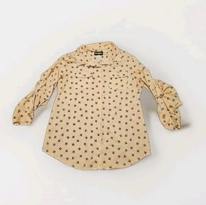 Karl Lagerfeld Paris Salmon Pink With Black Bow Print Button Down Blouse Sz Lg - Picture 1 of 6