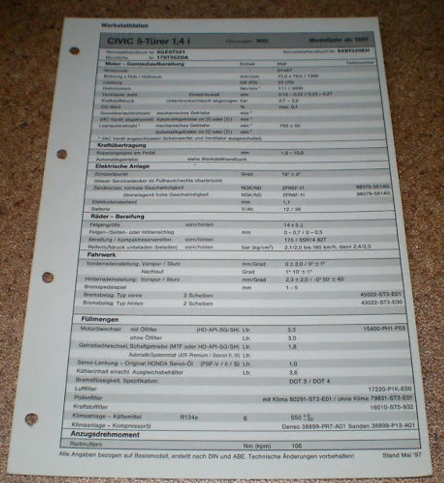 Hoja De Inspección Honda Civic 5 Puertas 1,4 I Desde 1997! - Imagen 1 de 1