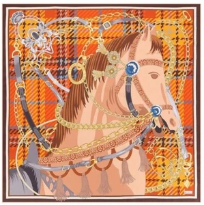 Great Gift for Woman 100% Silk Scarf Horse design Brown Grey Gold Colours in Box - Picture 1 of 15