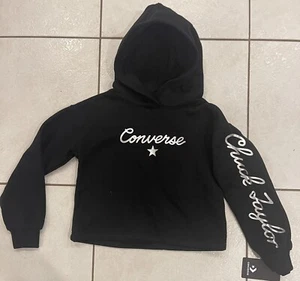 NWT Converse Girl’s Black Cropped Hoodie Sweatshirt Silver Print sz  SMALL 8 10 - Picture 1 of 5