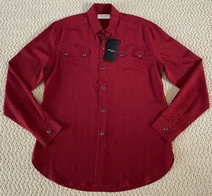 NWT Saint Laurent YSL Red Black Thorn Print Silk Pocket Snap Shirt Sz 39 US 15.5 - Picture 1 of 12