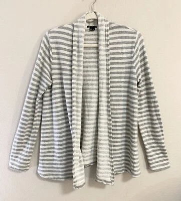 Theory Womens Medium Cream Gray Striped Open Front Cotton Cardigan Sweater Boho - Image 1 of 4