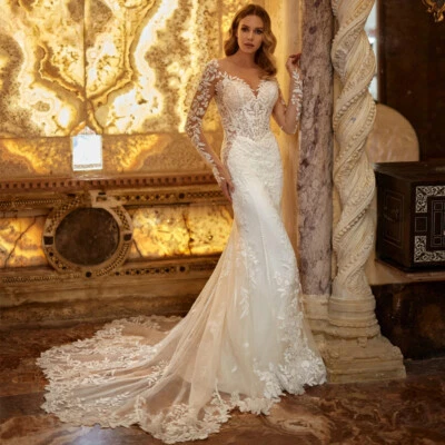 Ivory Mermaid Wedding Dresses Long Sleeve Applique Backless Lace Bridal Gowns - Image 1 of 4