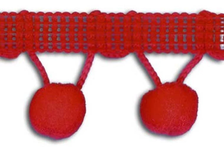 TRIMPLACE Red 1-1/4" Ball Fringe with 1/2" Pom Pom 18 Yards - Image 1 of 1