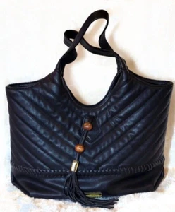 Big Buddha Tote Bag Beads Tassel Black Faux Leather Quilted Chevron Large - Picture 1 of 10