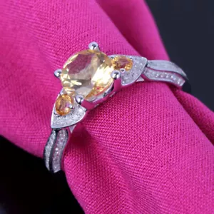 0.42CT Real SI/H Diamonds Gemstone Ring 6.5mm Round Citrine Solid 14K White Gold - Picture 1 of 6