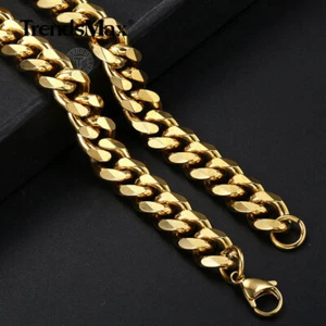 10mm Heavy MENS Chain Yellow Gold Filled Flat Curb Cuban Link Necklace 18-26" - Picture 1 of 10