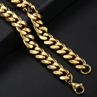 10mm Heavy MENS Chain Yellow Gold Filled Flat Curb Cuban Link Necklace 18-26" - Image 1 of 4