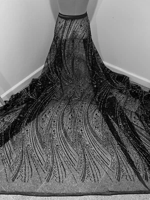 Black silver rhinestones Glitter mesh fabric 50” width sold by the yard - Image 1 of 4