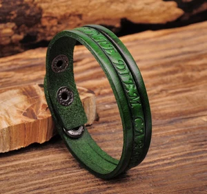 NG369 Green Mens Single Wrap Vintage Embossed Leather Wristband Bracelet Cuff - Picture 1 of 12