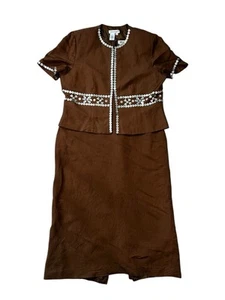 Coldwater Creek 2 Pc Jacket Sheath Dress Jacket Linen Embellished Brown Size 16 - Picture 1 of 10