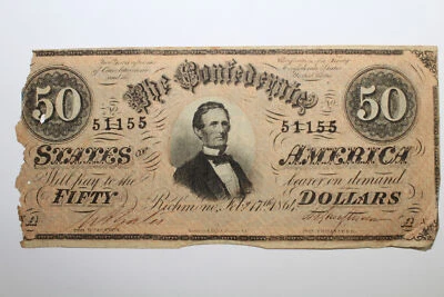 1864 $50 Richmond Virginia Civil War Notes/Bonds Net Good/Tear (Serial #51155) - Image 1 of 4