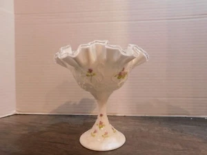 Vintage Fenton Hand Painted Stemmed Dish Milk Glass Signed Fleming Flowers - Picture 1 of 5