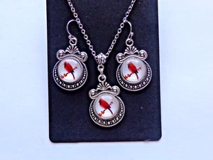 CARDINAL BIRD CABOCHON EARRINGS STAINLESS STEEL CHAIN NECKLACE 18" + 3" - Picture 1 of 7