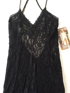 Shirley of Hollywood Black Lace Hi-Lo Nightgown Size 14 Asymmetrical Nightdress - Picture 1 of 14