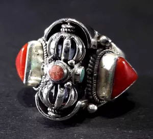 Spinning Dorje Adjustable Sterling Silver Red Coral Nepal Tibetan Saddle Ring - Picture 1 of 2