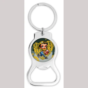 Portachiavi rotondo Betty Boop Green Bay Packers ispirato apribottiglie - Foto 1 di 2