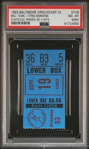 Cal Ripken Jr Rookie 4 Hits Ticket 1983 Baltimore Orioles Ted Simmons PSA 8 - Picture 1 of 2