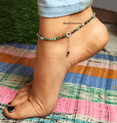 Ruby Zoisite Beads Silver Chain Anklet Foot Jewelry - Image 1 of 4