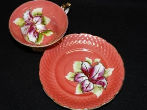 VINTAGE WALES PORCELAIN CUP & SAUCER SET PINK & WHITE FLOWERS ROSE COLORED GOLD - Picture 1 of 8