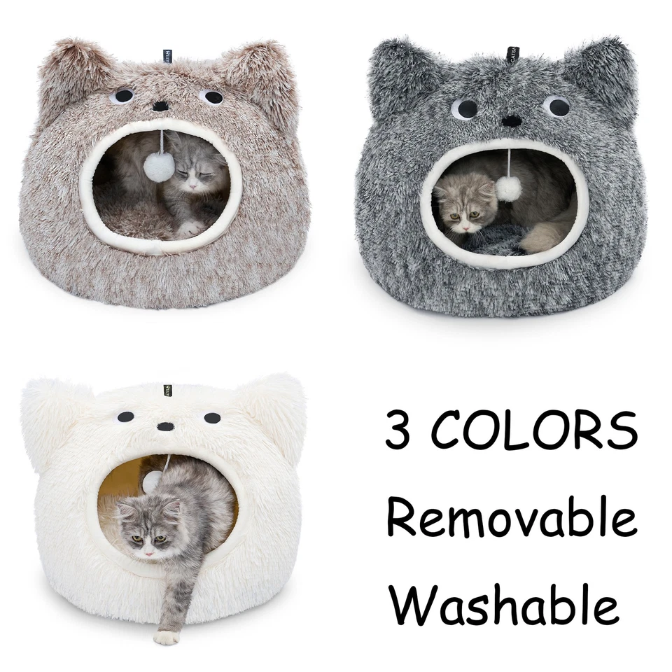 Comfortable Soft Plush Cat Bed Cave Hooded Pet Bed for Dogs Cats Self Warming - Image 1 of 4