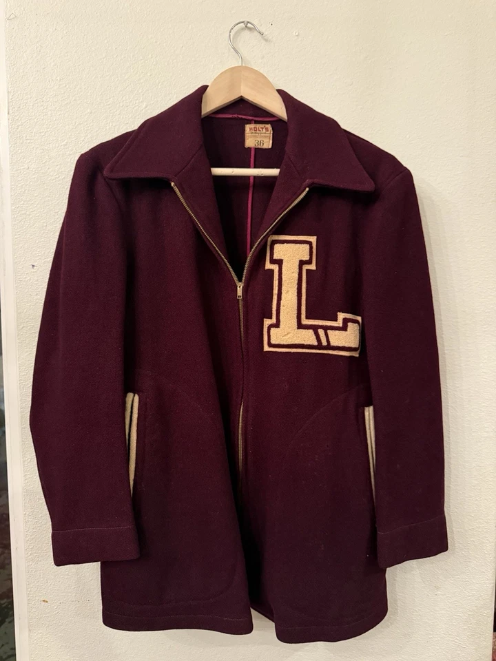 Vintage 1950s Wool Varsity Jacket Holt’s Sporting Size Maroon Chenille Letter L - Image 1 of 4