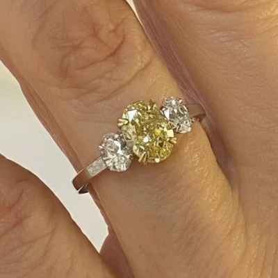 1.74Ct Oval Cut Lab Grown Fancy Vivid Yellow Diamond Three Stone Ring 14K Gold - Image 1 of 4