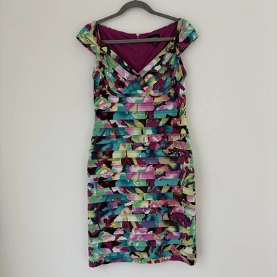 Adrianna Papell Dress Women's 10 Floral Pleated Bodycon Sheath Cap Sleeves Party - Image 1 of 4