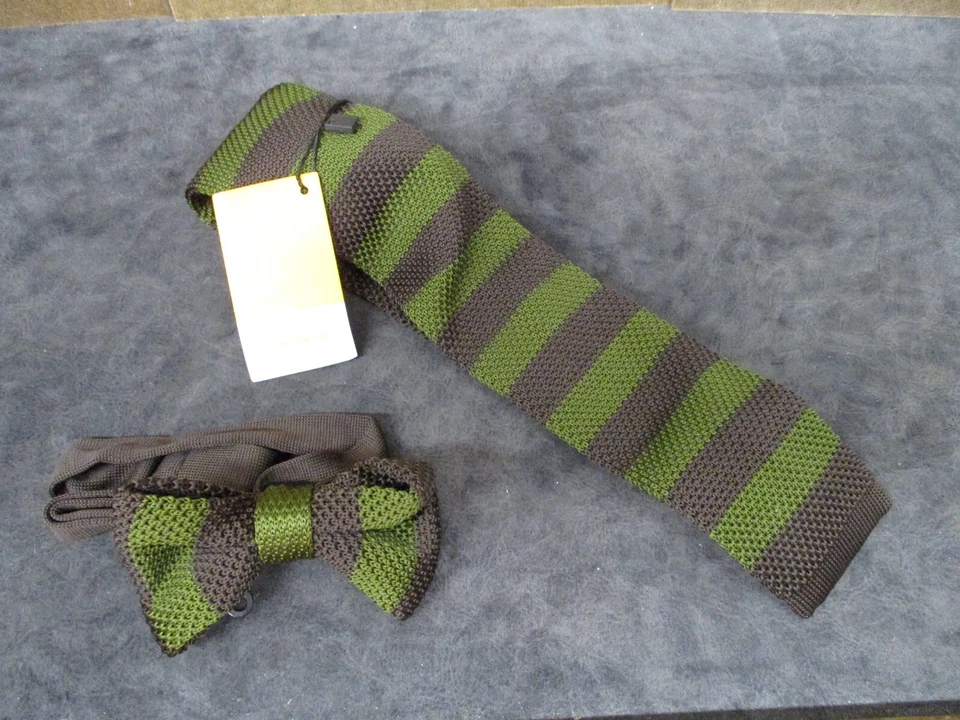 TOTALMENTE NUEVO Dan Smith Tejido Microfibra 2" Corbata Pajarita Combo Marrón Verde Rayas Foto 1 de 3