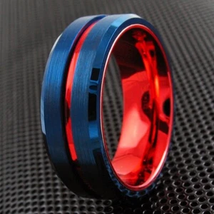 Engraved 8mm Tungsten Men's Thin Red Line Brushed Wedding Band Blue Silver Black - Picture 1 of 12