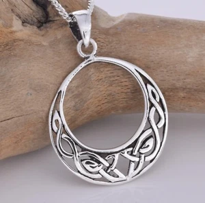 Round Celtic Crescent Pendant Sterling Silver 925 Unisex - Picture 1 of 1