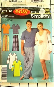 Ropa de dormir unisex Simplicity 4060 talla XS-XL pecho 3048 tela patrón 200 sin cortar - Imagen 1 de 5