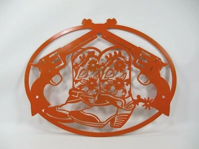 Western Pistol Guns & Cowboy Boots Cut Metal Wall Art Sign Painted Orange - Image 1 of 2