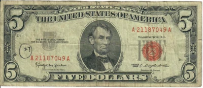 1963 5$ United States Note - Red Seal Right, KOG/CDD A21187049A - #13574 - Image 1 of 2