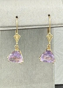 14K Gold Trillion Cut Amethyst Dangle Drop Earrings 14KT 1" Lever Back - Picture 1 of 6