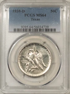 1938-D TEXAS COMMEMORATIVE HALF DOLLAR - PCGS MS-64, WHITE & LOW MINTAGE, TOUGH! - Picture 1 of 3