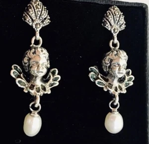 Sterling Silver Plique a Jour Pearl Art Nouveau Deco Cherub Drop Dangle Earrings - Picture 1 of 1