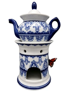 Bombay Teapot - Tisaniere with Warmer Stand - Cobalt & White Porcelain - Picture 1 of 11