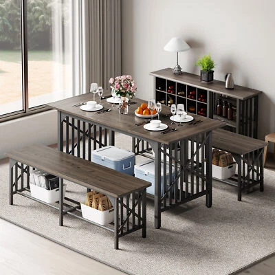 Kitchen Table with 2 Benches for 4-6 Wood Dining Room Dinette Set for Breakfast - Image 1 of 4