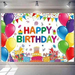 Happy Birthday Backdrop Banner, Colorful Party Decorations, 5X3Ft Photo Wall - Picture 1 of 12
