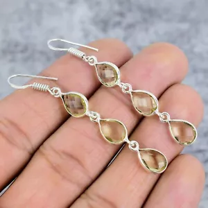 Orecchino Pendente Lungo Argento Sterling 925 Pietra Preziosa Quarzo Limone Fatto a Mano - Foto 1 di 4