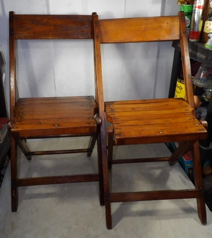 2 Vintage/Antique Hodges Oak Folding Chairs Wood Cover