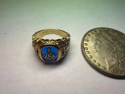 Anillo Masónico Lodge Azul Zafiro Texturizado Oro Amarillo 14k con Esmalte y Creado Foto 1 de 4