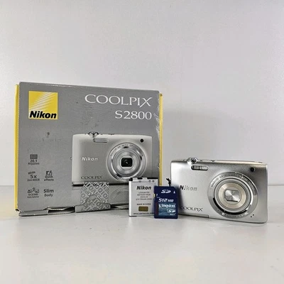 Nikon Coolpix S2800 20MP Digital Compact Camera - Silver - Charger - Memory Card - Image 1 of 4