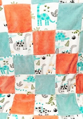 Handmade Baby Blanket Dino Patchwork Quilted Soft Velvet Plush White Mint Peach - Image 1 of 4
